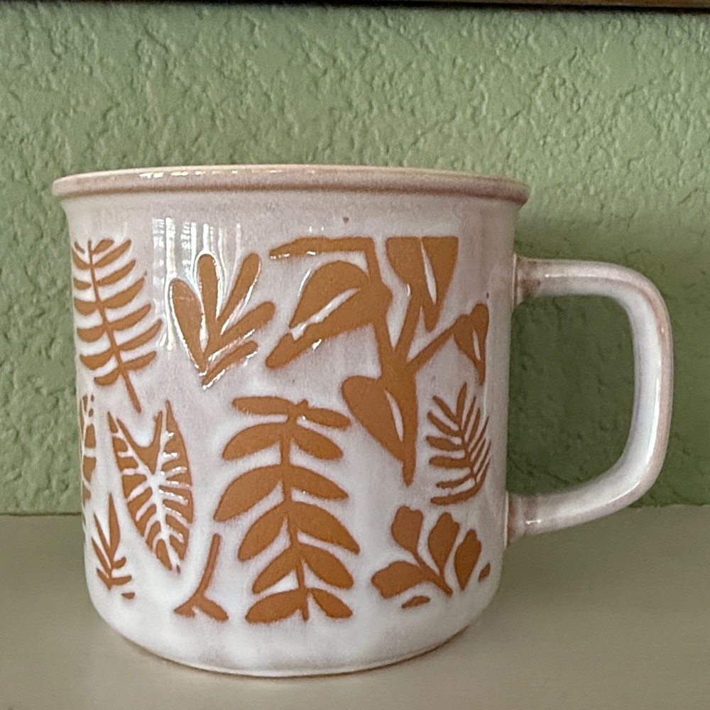 World Market 21-oz Mug, Terra cotta look with glaze overlay, botanical design